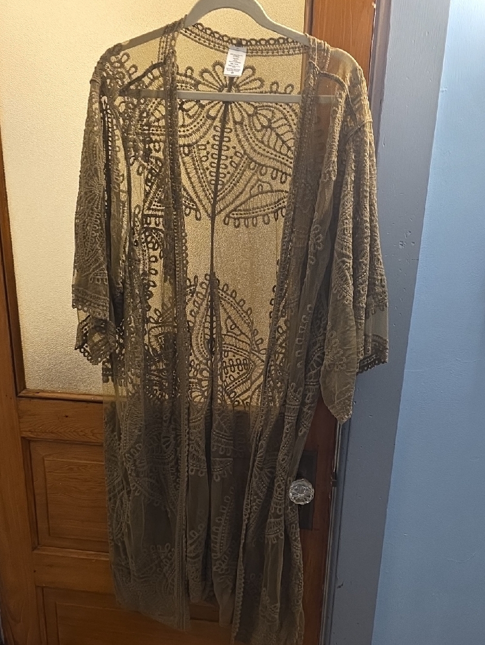 Sheer Embroidered Lace Kimono - Olive